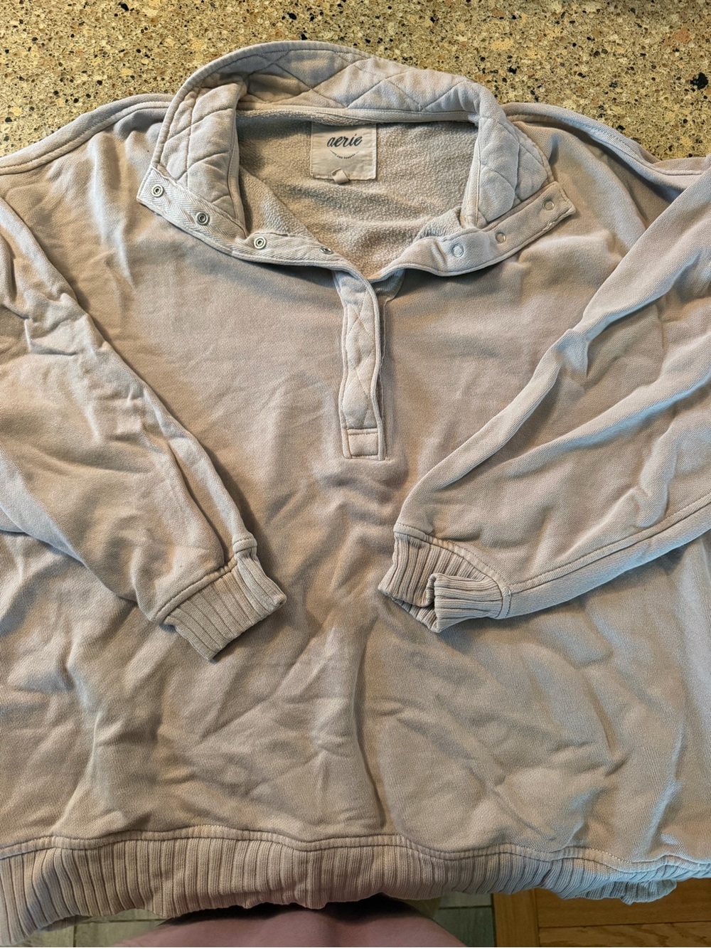 aerie Light Gray Quilted-Collar Pullover Sweatshirt